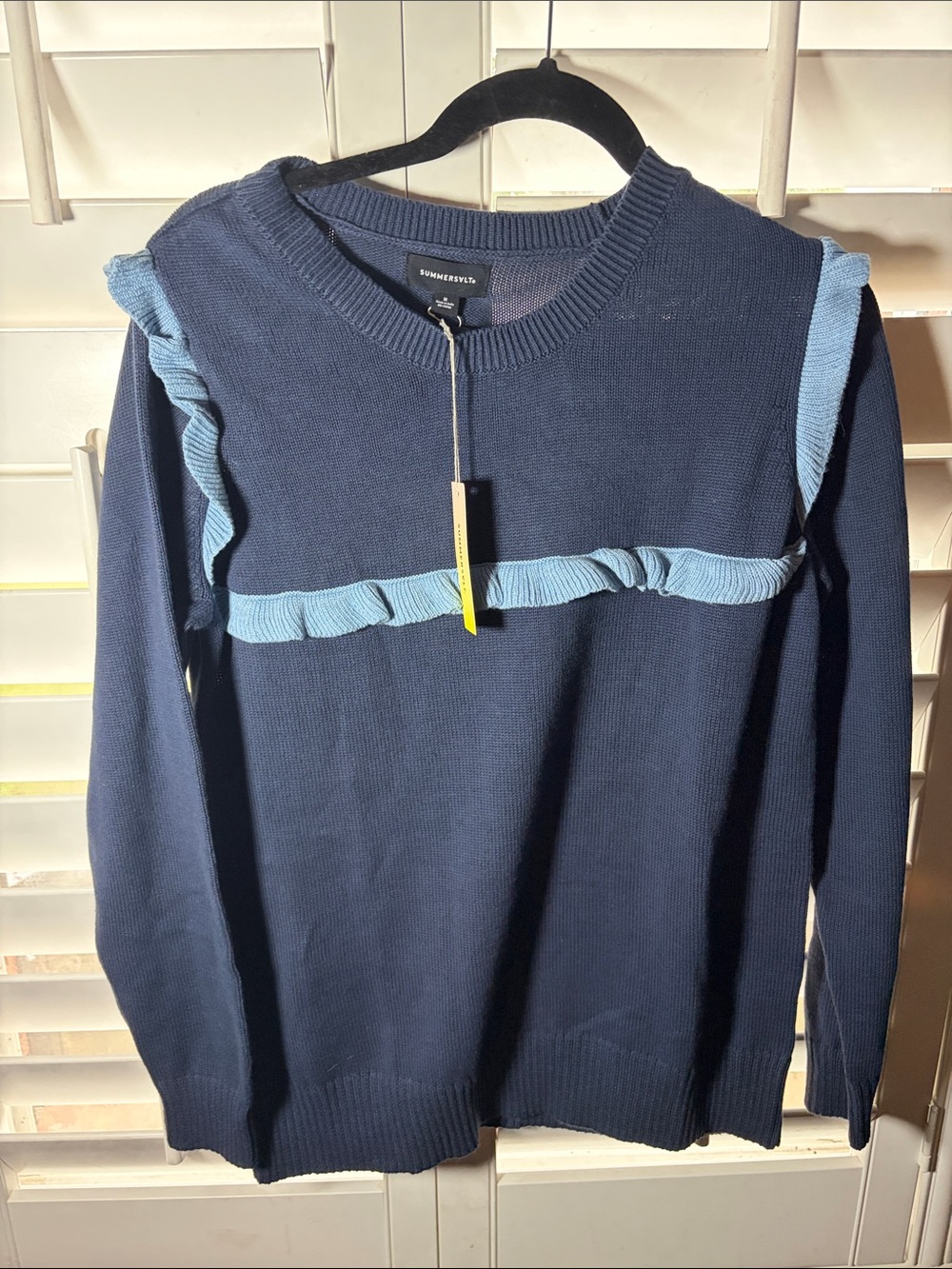 Summersalt Navy Sweater with Light Blue Ruffle Trim